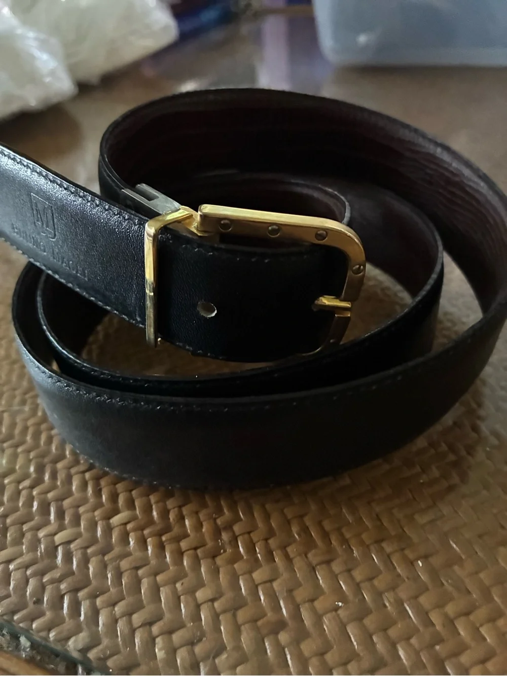 Bruno Magali brown/ black snakeskin leather reversible belt. Brass buckle. L40”